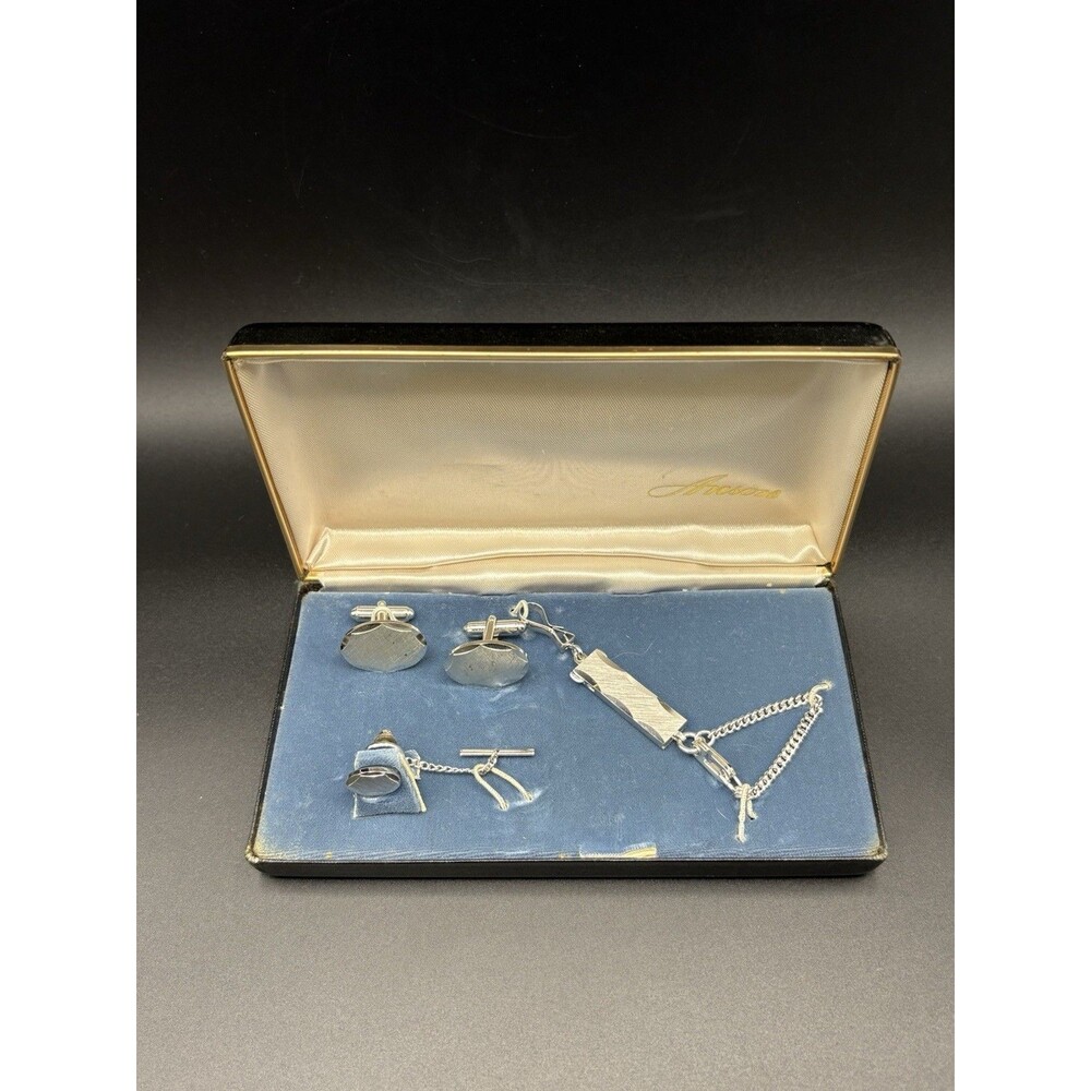 Vintage Anson Cufflinks Tie Pin Keychain Gift Set w/ Original Case Mens Formal
